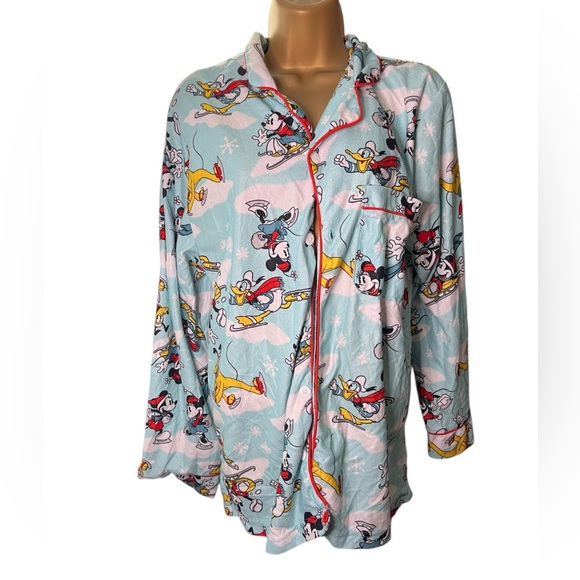 Disney 100 Pajama Top Button Front Christmas Cartoon Print Blue S - Picture 2 of 6